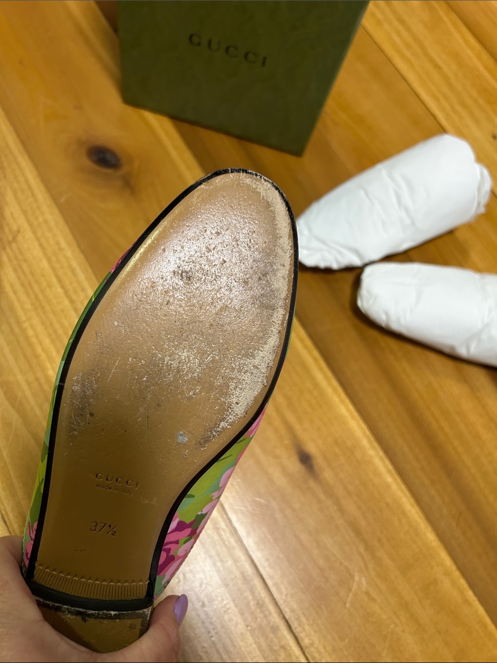 Gucci Green Floral Leather Horsebit Loafers - Picture 7 of 12